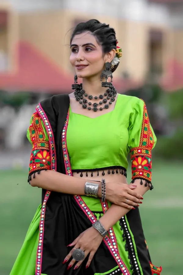 Parrot Green-Black Gamthi Work Chaniya Choli for Navratri