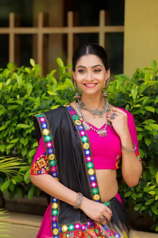 Rani Pink Chaniya Choli with Gota Lace & Black Dupatta