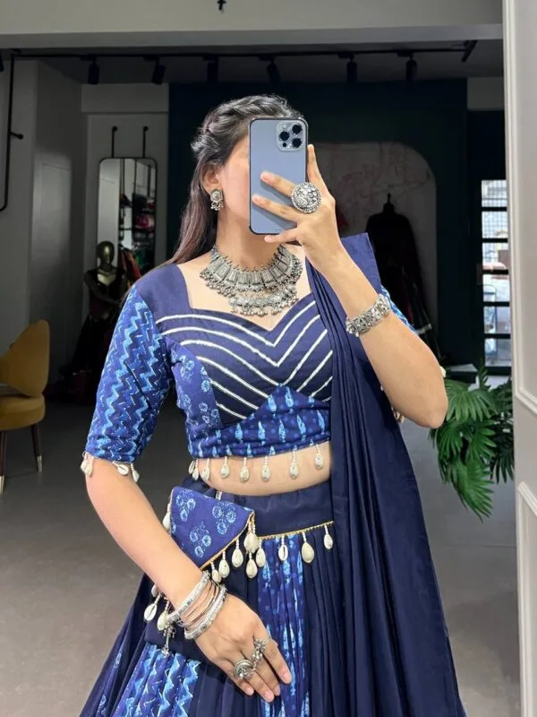 Blue Cotton Chaniya Choli with Cowrie Lace & Purse