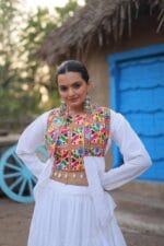 Navratri Special Reyon Lehenga Choli with Koti Set white