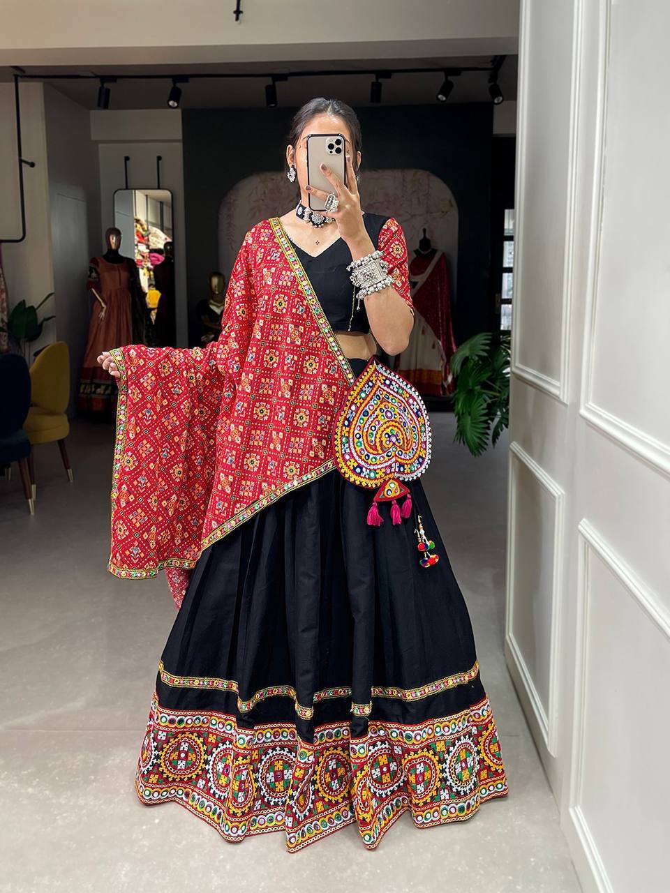 Red & Black Gamthi Work Navratri Lehenga Set