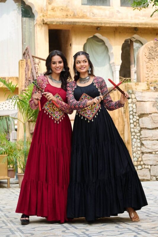 Maroon-Black Navratri Gown with Kutchi Gamthi Work